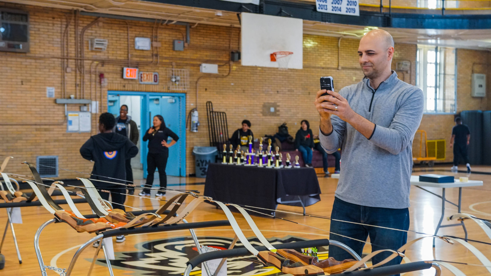 Archery event set up in a school gymnasium
